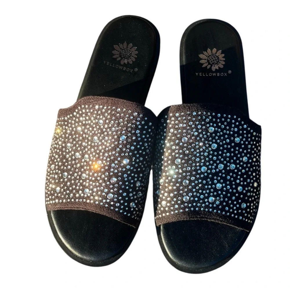 Yellow Box Louie Rhinestone Embellished Black Slide Sandals Size 6 - Picture 7 of 8